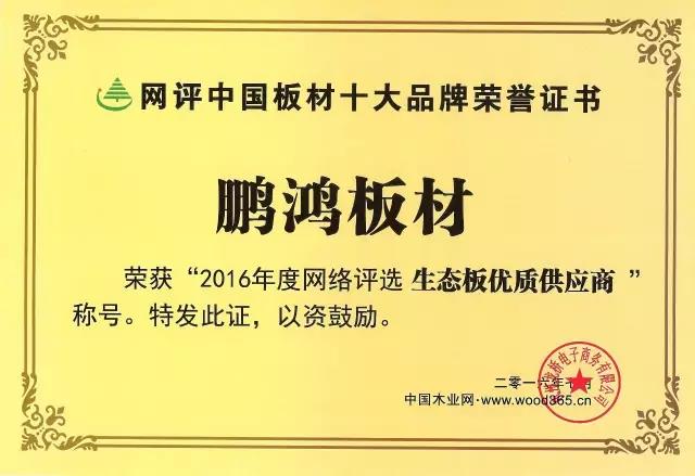 鵬鴻實(shí)力再獲肯定，蟬聯(lián)木業(yè)網(wǎng)2017年度“生態(tài)板十大品牌”